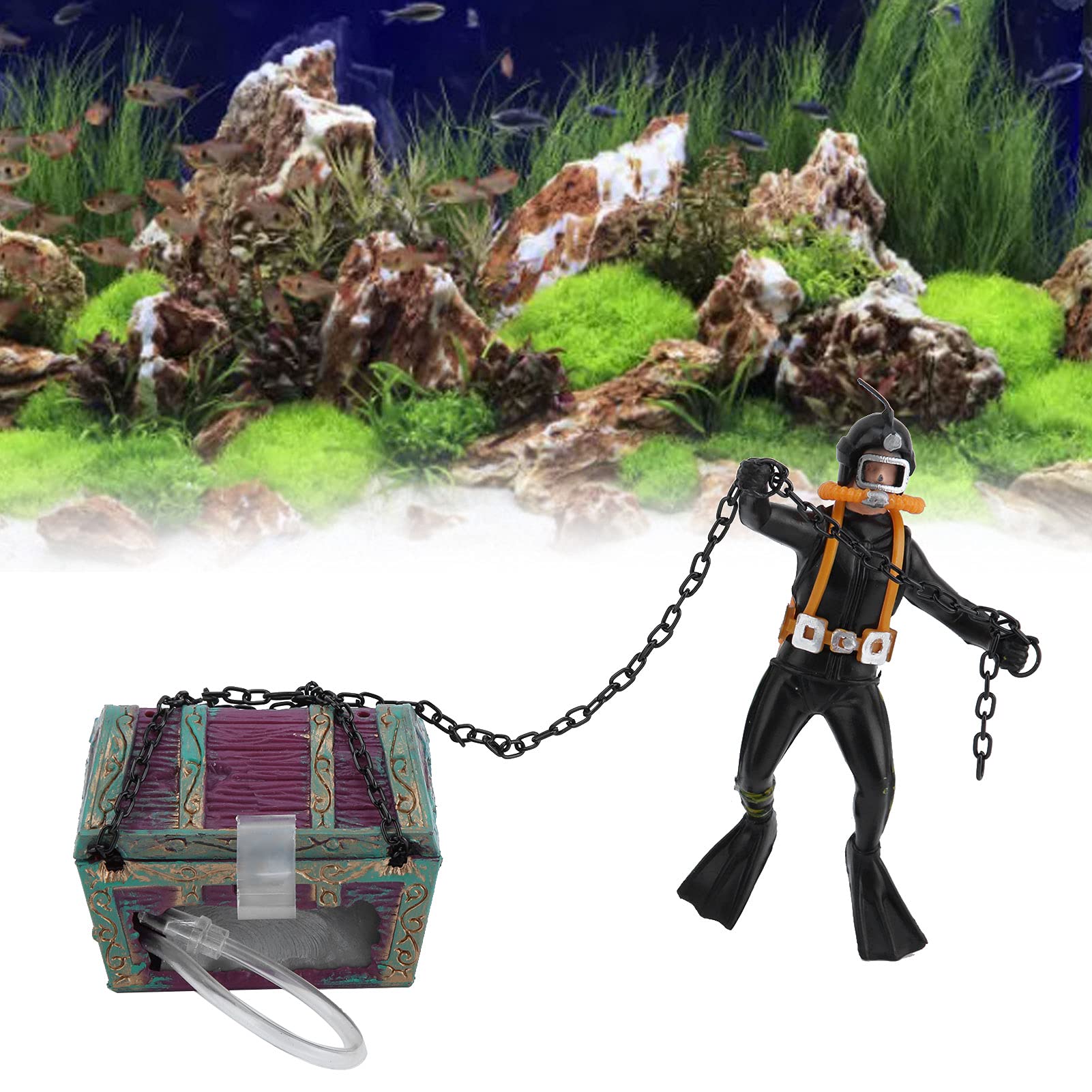 Pssopp Aquarium Treasure Chest Fish Tank Air Bubble Decor Aquarium Ornament Action Undersea Diver Fish Tank Decorations Ornaments