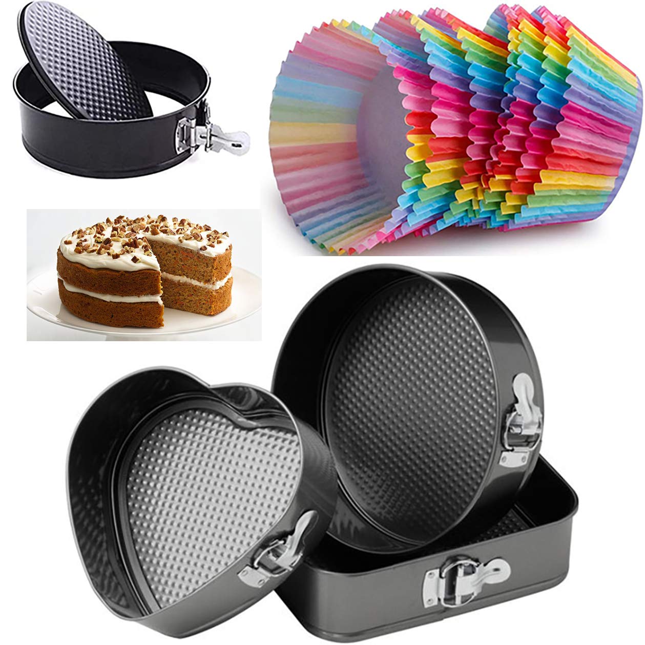 Ultra Non Stick Baking SPRINGFORM Cake TINS & Pack 12 Rainbow Cupcake Cases -Cake Baking Tins, Baking Molds (3 Mixed Tins)
