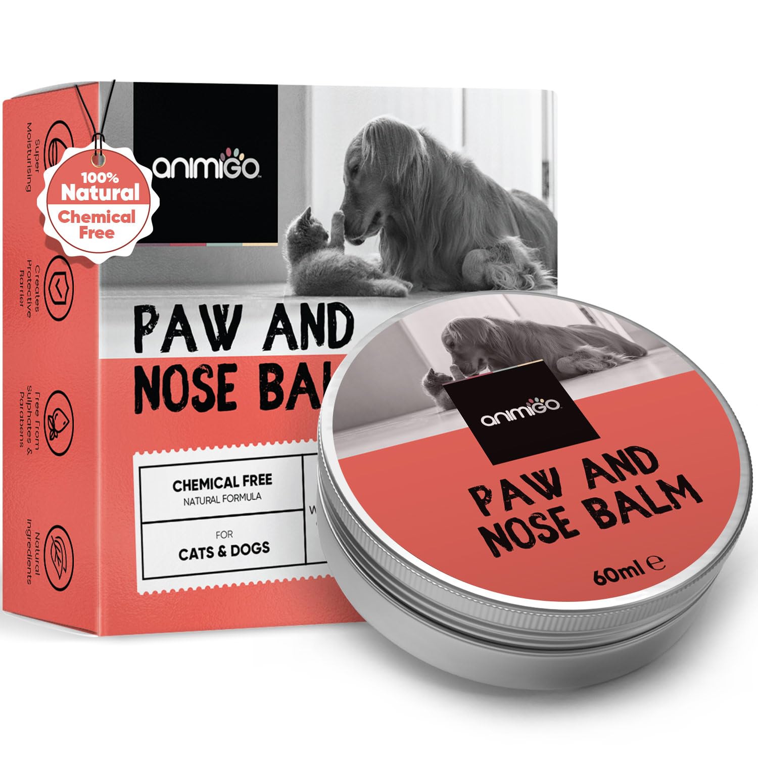 Dog Paw Balm and Nose Balm 60ml - Natural, Lick-Safe & Soothing - Nose & Paw Moisturiser for Cats - Coconut, Olive Oil & Vitamin E - Snout Soother for All Ages & Sizes - Free from Parabens & Sulphates