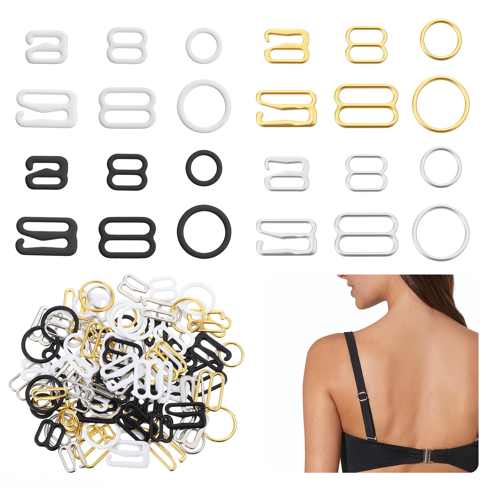 Photo 1 of JJUNW 120PCS Bra Strap Hooks, Metal Bra Hooks Replacement for Sewing Bikini Halter Swimsuit Bathing Suit Clips Clasp and Bra Strap Rings (3 Styles, Black, White, Gold, Silver)