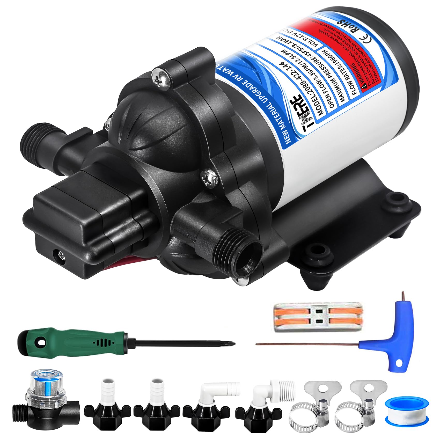 Photo 1 of 2025 Upgrade 2088-422-144 RV Fresh Water Pump,12 V 45 PSI 3.3 GPM Diaphragm Pump with Pressure Switch and Detachable Filters,1/2MNPT Connection for RV Marine Yacht