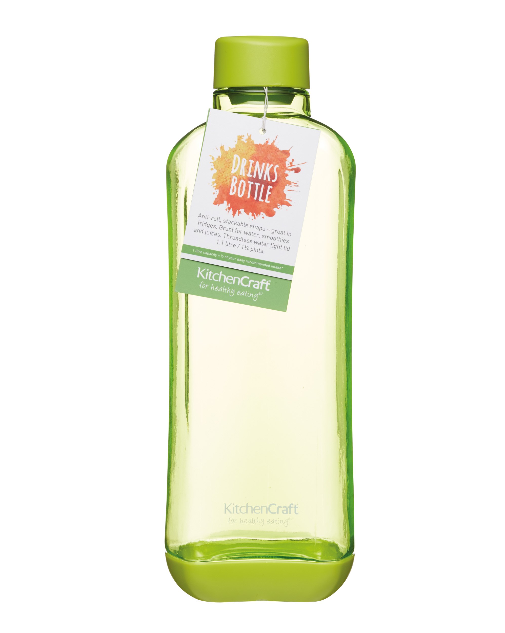 KitchenCraft Healthy Eating BPA-Free Stackable Plastic Water Bottle, 1.1 Litres (2 Pints), Green
