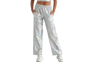 FEOYA Women's Shiny Metallic Rave Pants Elastic High Waist Wide Leg Trousers Hip Hop Disco Jogger Sweatpants Clubwear