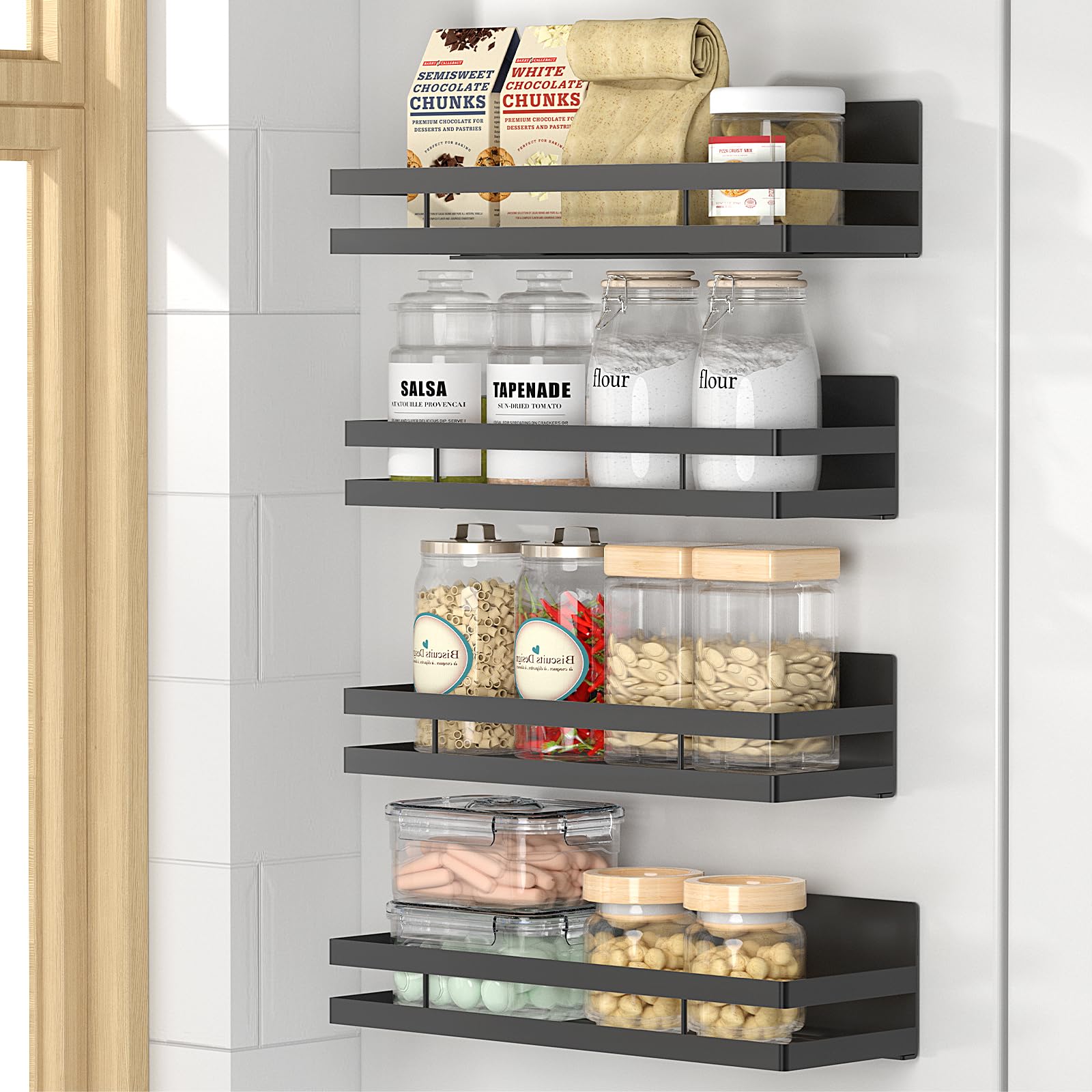 Photo 1 of MIUGO Magnetic Spice Rack for Refrigerator 4 Pack, Moveable Magnetic Shelf for Fridge and Oven?Black Magnetic Spice Rack for Kitchen Organizers and Storage, with 8 Moveable Hooks