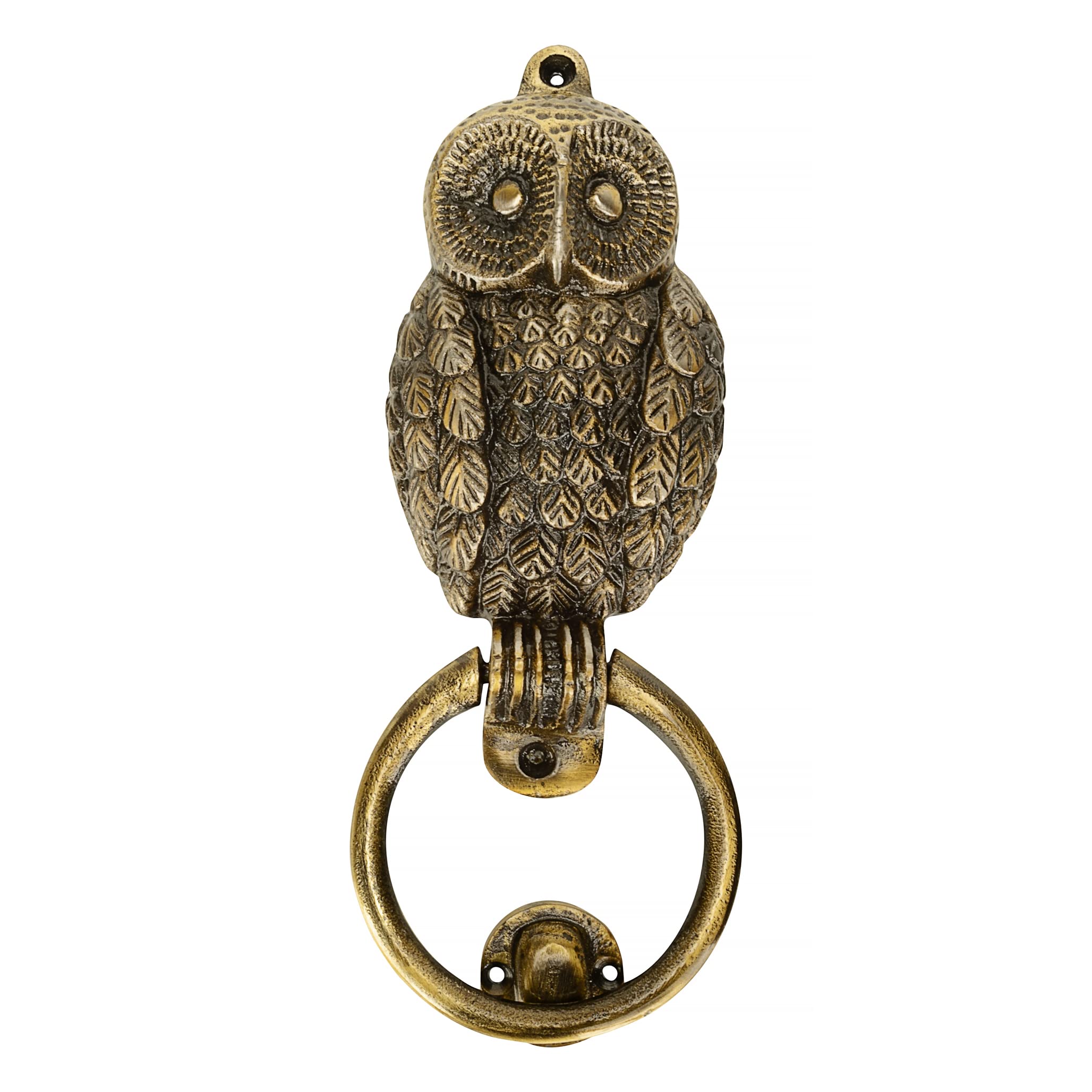 Front Door Knocker - Solid Brass Owl (with Ring Knocker) - Antique Brass Finish - UK Company