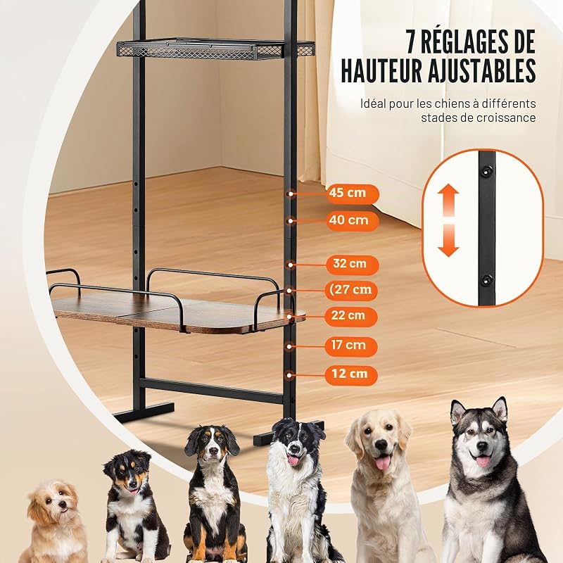 Support de Gamelle Surélevée Réglable 50x19,8x145 cm Étagère de Rangement Chiens Organisateur de Stockage Jouets Nourritures pour Animaux de Compagnie, Chiens de Grande, Moyenne, Petite Taille