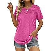 OFEEFAN Women's Summer Tops 2026 Trendy Short Sleeve Shirts Smocked Crewneck Tee