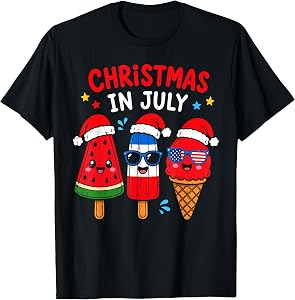 Christmas in July Shirt Funny Ice Cream with Santa Hat Kids T-Shirt