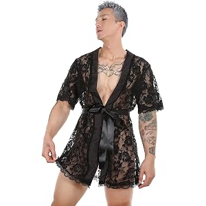 Men Sexy Lace Bathrobe Floral Mesh Lingerie Transparent Belted Sleepwear Ultra-thin Pajamas Suit Nightgown Robe