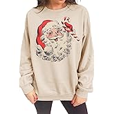 IZYJOY Women Christmas Santa Sweatshirt Retro Santa Claus Pullover Oversized Top Crewneck Long Sleeve Xmas Vacation Sweaters