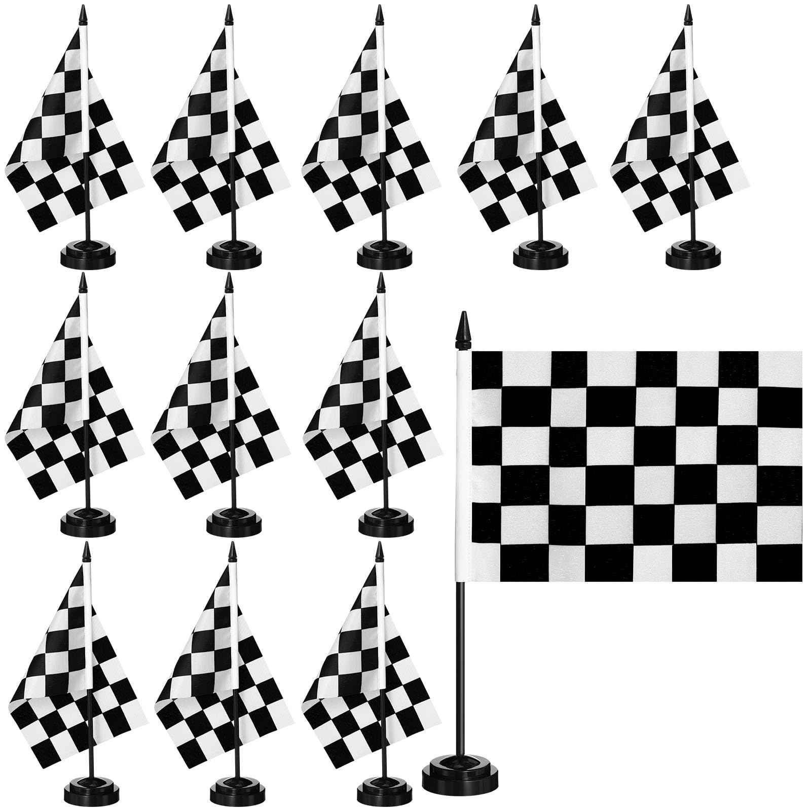Photo 1 of Mindsoft 12 Pcs Black and White Checkered Racing Stick Flag Checkered Flag Sets Mini Racing Office Table Stick with 12" Solid Pole Black Stand Base Decorations for Desk Car Party