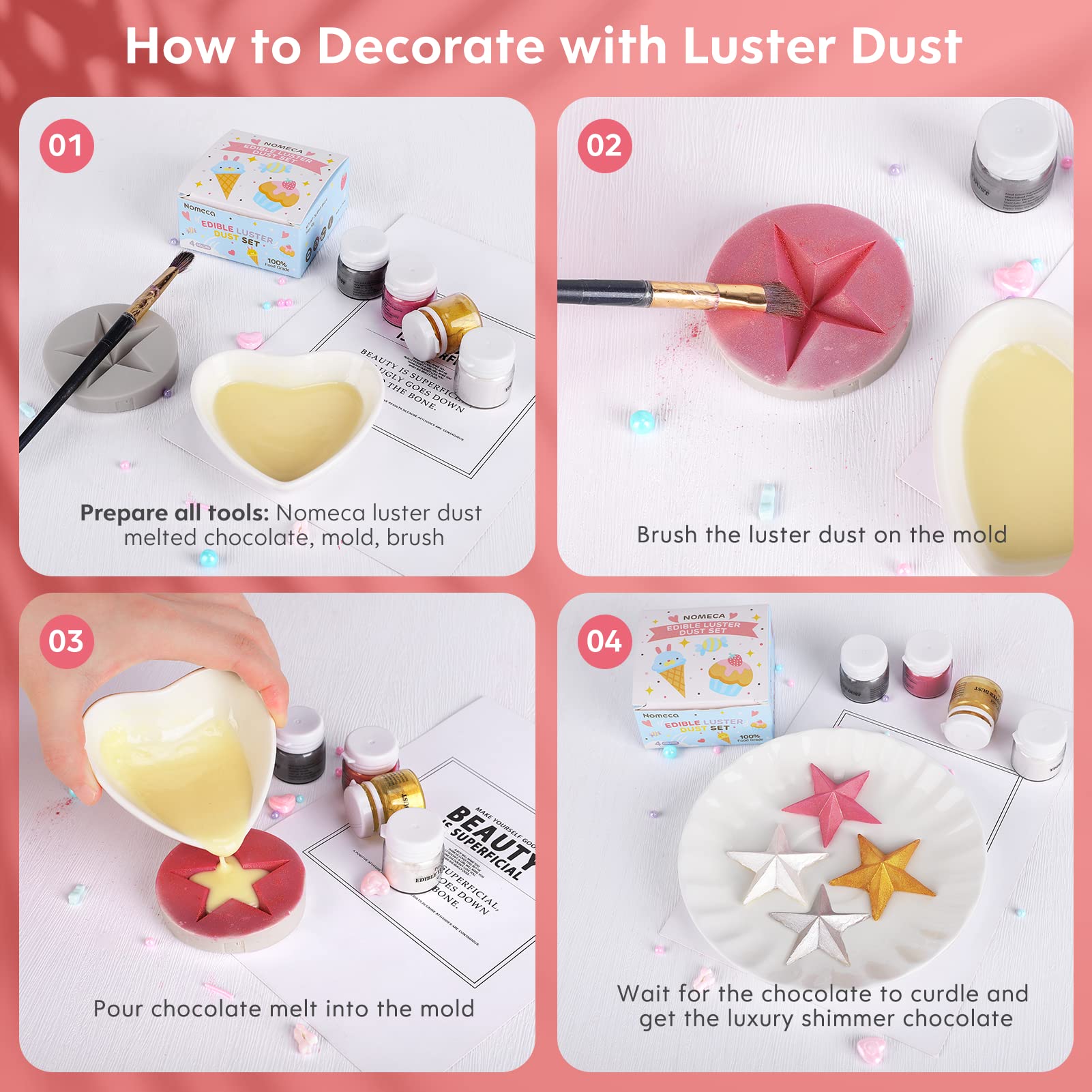 Luster Dust Edible Set - 4 Colors Food Grade Shimmer Nomeca Cake Dust Metallic Food Coloring Powder Glitter for Cake Decorating, Baking, Fondant, Gumpaste, Chocolate, Candy, Drinks, Cookie-(3g/Bottle)