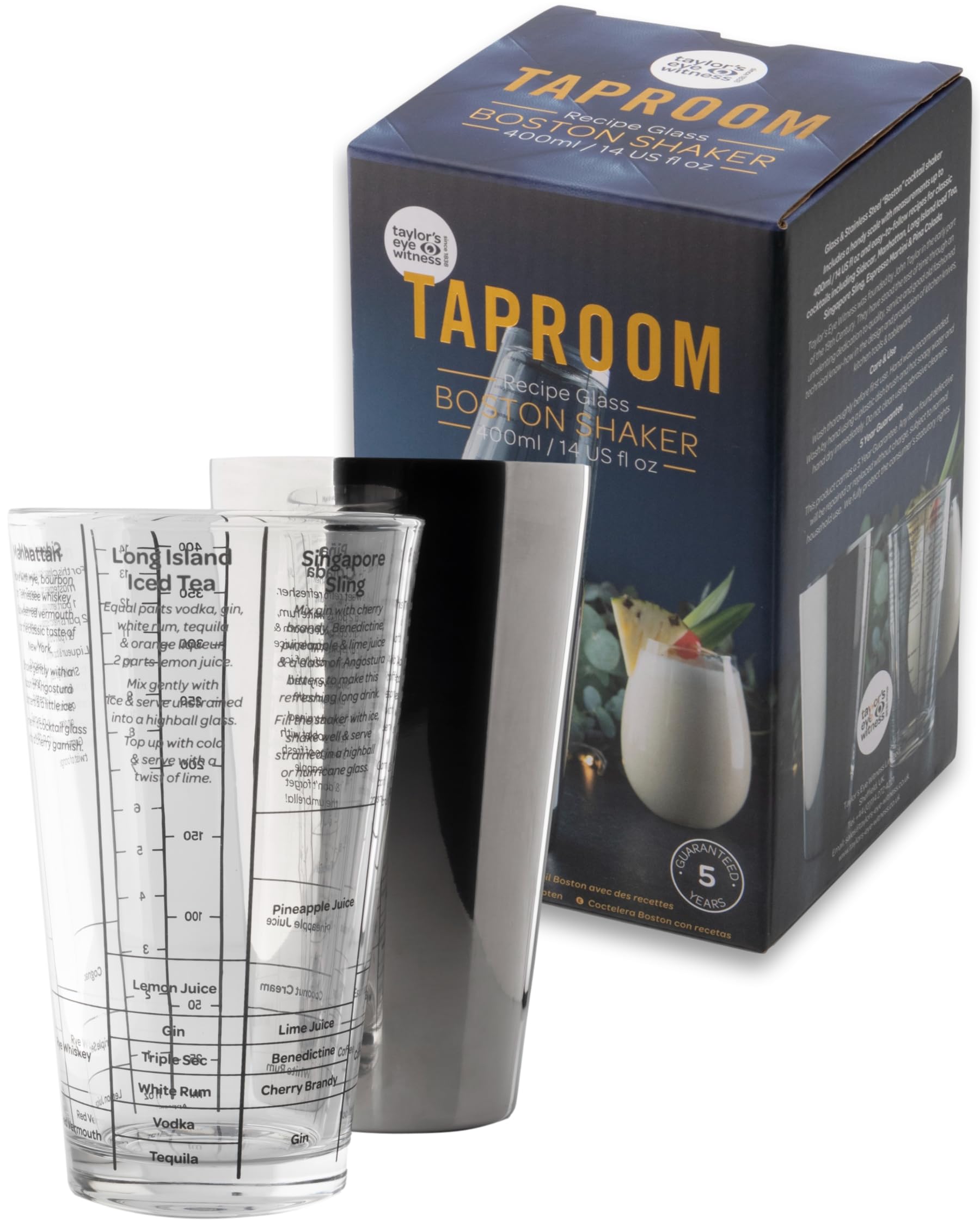 Taylor’s Eye Witness Glass & Stainless Steel Boston Recipe Cocktail Shaker Tool - 700ml/400ml (26.5/14fl oz). Stainless Steel Silver Coloured Lid. Measuring Scale & Recipes on Glass Shaker.