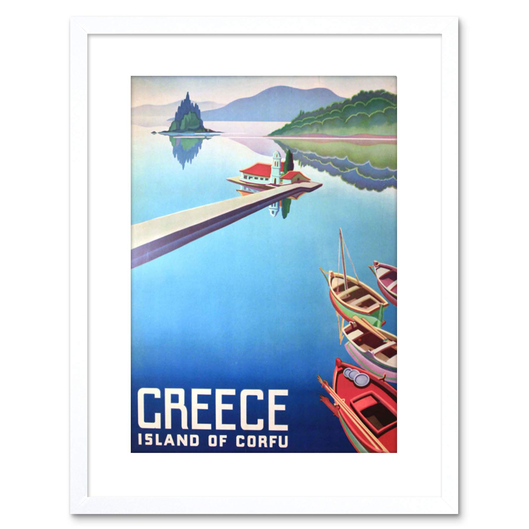 Wee Blue Coo 9x7 '' CORFU GREECE BOATS PIER FRAMED ART PRINT PICTURE MOUNT PHOTO F97X1248
