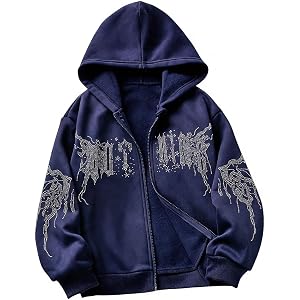 SHENHE Girl's Graphic Rhinestone Zip Up Hoodie Gothic Y2k Fleece Jacket Hoodie Sweatshirt