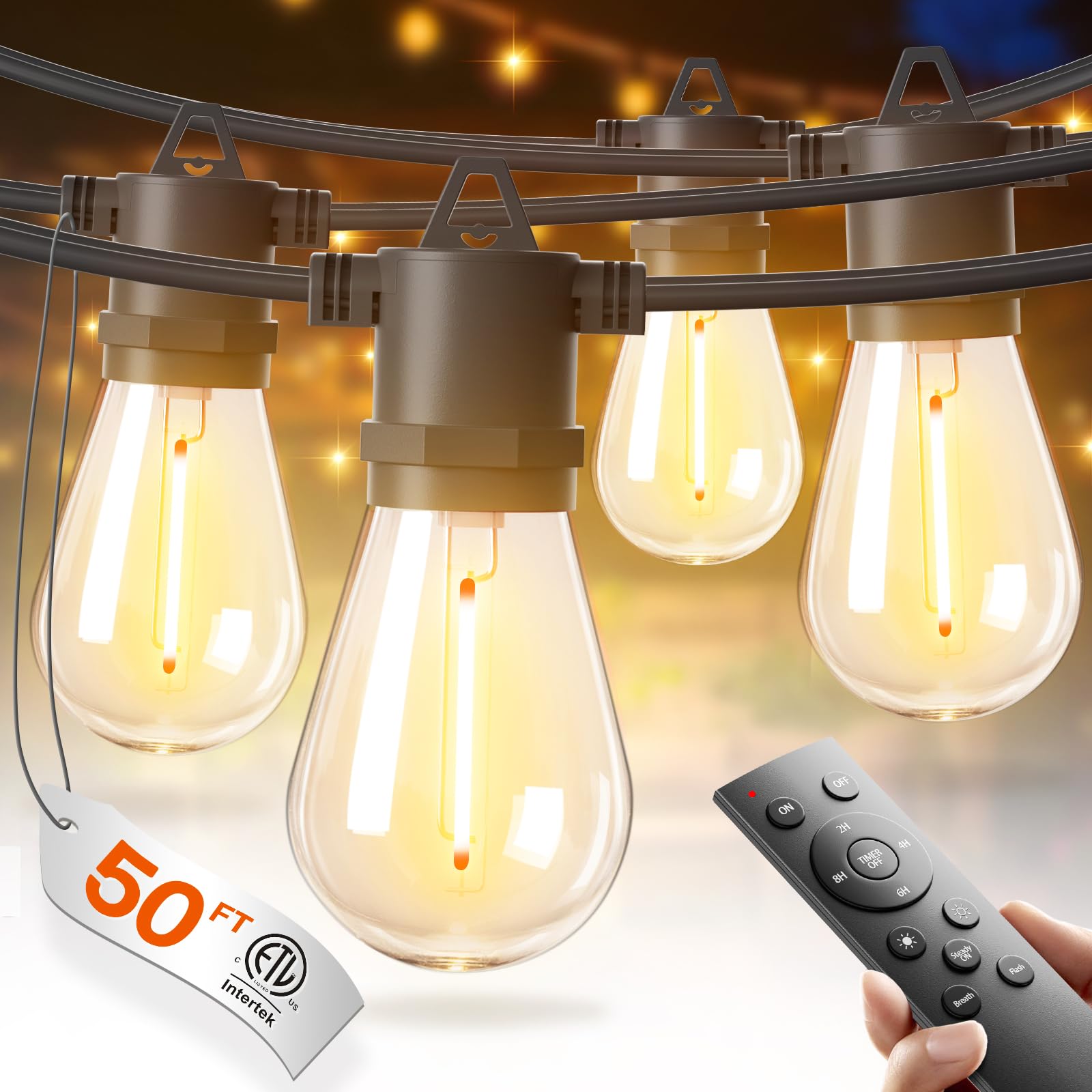 addlon 50FT LED Outdoor String Lights, Waterproof Dimmable Bulbs for Patio