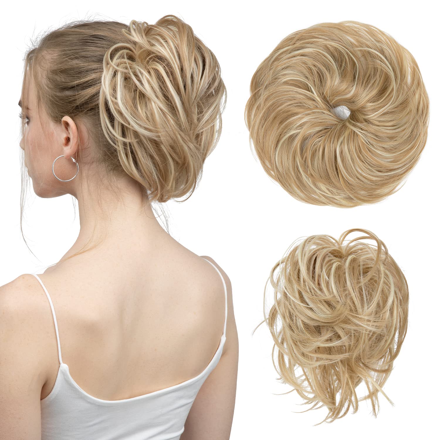 Photo 1 of SARLA Messy Hair Bun Hair Pieces Curly Synthetic Updo Fake Scrunchies Ponytail Extension for Women Dirty Blonde 1PCS