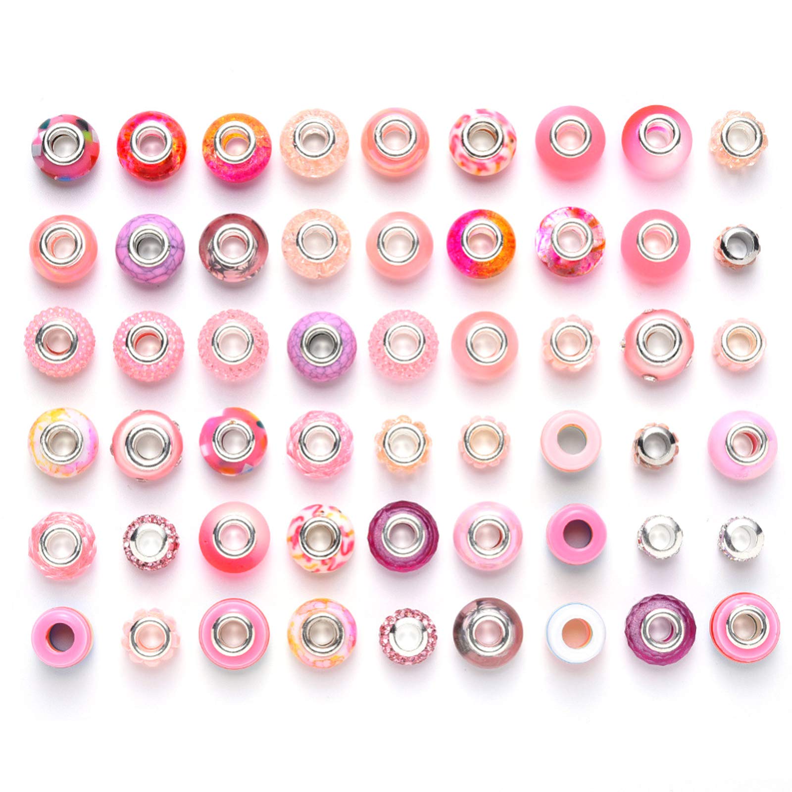 PandaHall 54pcs Acrylic & Resin & Polymer Clay Rhinestone European Rondelle Beads Large Hole Spacer Loose Beads with Silver Color Core Fit European Snake Chain Charm Bracelets, Pink