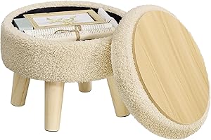 SONGMICS Storage Ottoman, Foot Stool, Round Ottoman with Padded Seat, Foot Rest with Wood Legs, Small Table, for Hallway, Liv