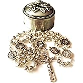 elegantmedical Handmade Silver Rose Beads Catholic ST.MICHAEL GUARDIAN ANGEL HOLY Medal Rosary Cross Necklace & Nice Metal Jewellery Box