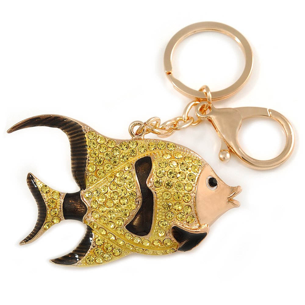 Avalaya Lemon Yellow Crystal, Brown Enamel Fish Keyring/Bag Charm In Gold Tone Metal - 8cm L