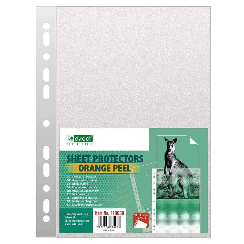 D.RECT A4 45 Micron - Polly Pocket A4 Package of 100 Units - Plastic Wallets Clear Perforated - Grained Polypropylene Pockets