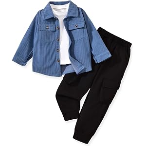 HINTINA Toddler Little Boy Corduroy Button Down Jacket T-shirt Cargo Pant 3 Pieces Outfits Set