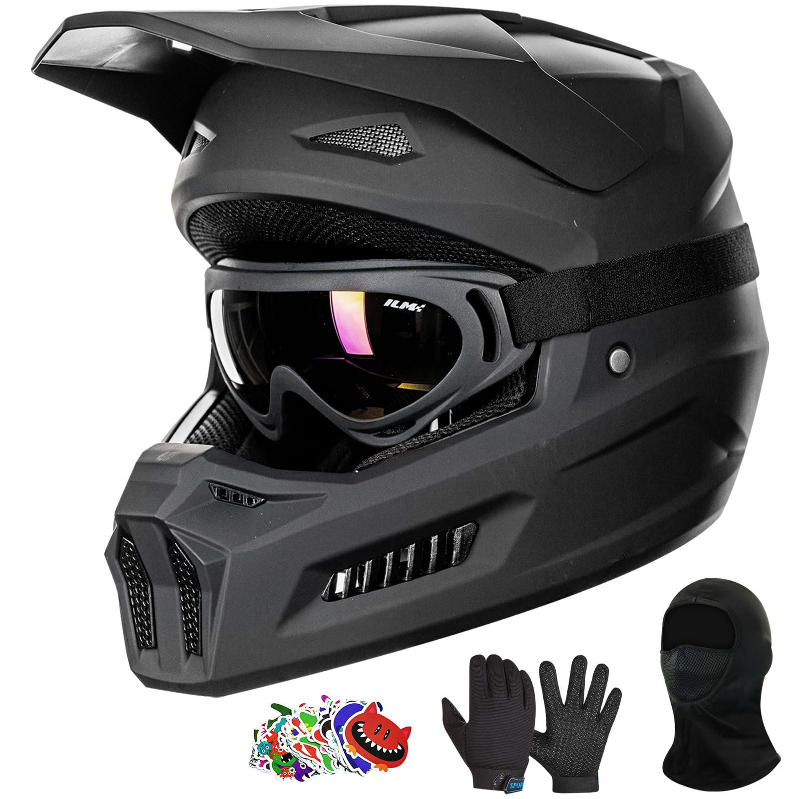 Photo 1 of ILM Youth Dirt Bike Helmets with Stickers Kids ATV Helmet Motocross BMX Off Road Motorbike with Goggles Gloves Mask DOT Model MT601Y-Stickers (Youth-Small, Matte Black)