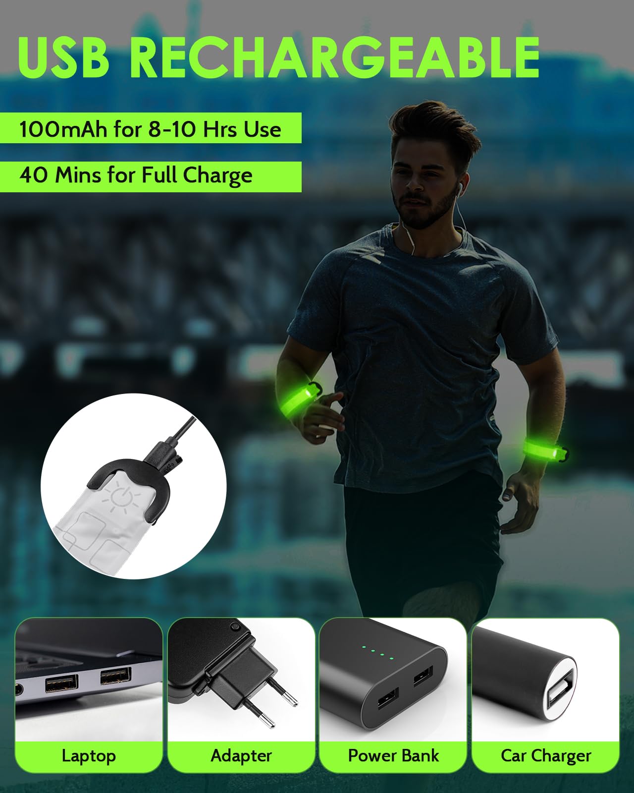 Fitense Rechargeable LED Armband 2-Pack, High Visibility Reflective Running Gear for Night Safety, 5 Colors & 3 Modes Light Up Armbands for Night Walking, Cycling, Running Gift for Women Men，White