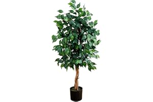 Nearly Natural 4ft Triple Trunk Artificial Ficus Tree with Natural Wood Trunks, Fake Tree for Indoor Home Décor, Faux Ficus Tree with Black Nursery Pot