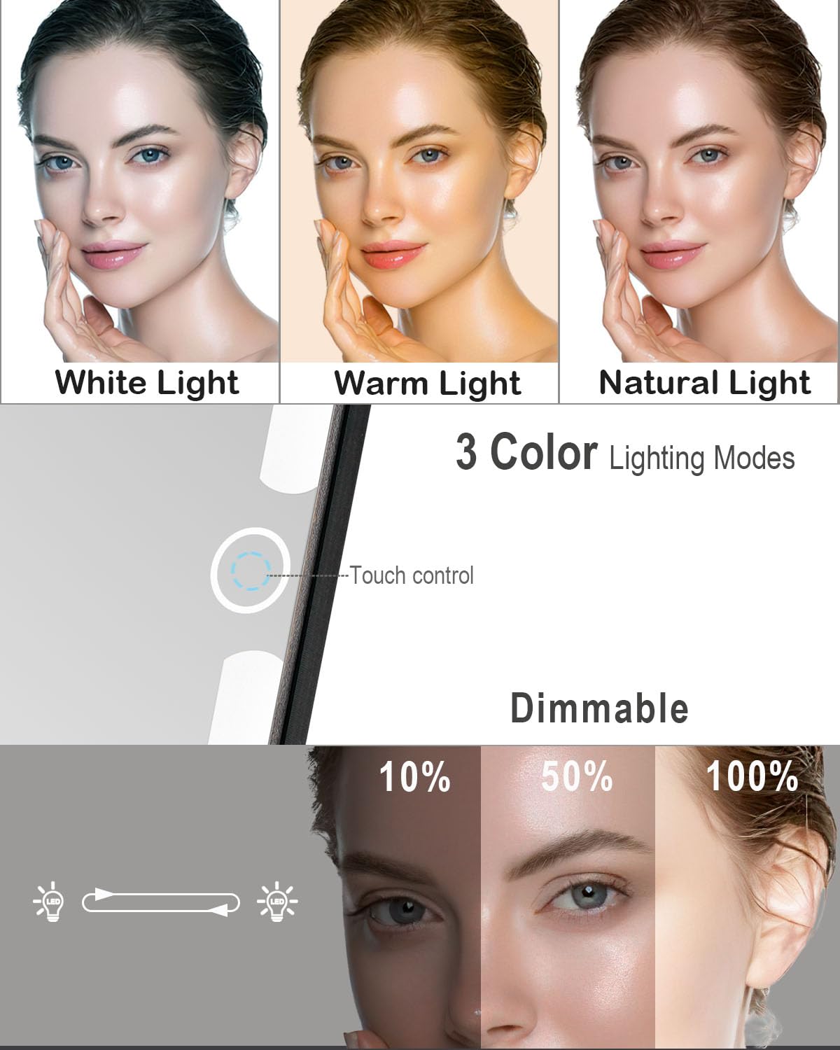 LUKYMIRO Rechargeable Travel Makeup Mirror with Lights, Portable Lighted Vanity Mirror with 10X Magnification, 70 LEDs 3 Color Lights, Touch Tabletop Folding Compact Cosmetic Mirror Black