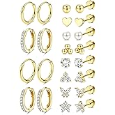 Jstyle Hypoallergenic 14K Gold Plated Stud Hoop Earrings for Women Men Surgical Stainless Steel Flat Back Earrings Small Huggie Hoops Cartilage Earring Set for Multiple Piercing Jewelry Gift for Women