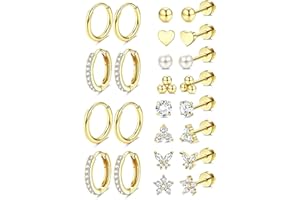 Jstyle Hypoallergenic 14K Gold Plated Stud Hoop Earrings for Women Men Surgical Stainless Steel Flat Back Earrings Small Huggie Hoops Cartilage Earring Set for Multiple Piercing Jewelry Gift for Women