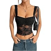 SOLY HUX Women's Y2k Lace Tank Top Sweetheart Neck Sleeveless Ruched Sheer Going Out Crop Tops