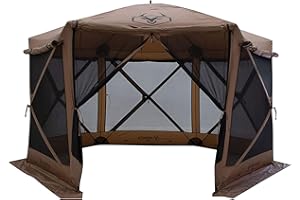 Gazelle Tents G6 Deluxe Pop Up 6 Sided Portable Hub Gazebo Screen Canopy Tent with Large Main Door, Wind Panels, and Mesh Screens, Brown