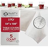 PARTY BARGAINS Disposable Table Covers, 54 x 108 Inch, White, 3-Ply Paper & Plastic Spill-Resistant Party Tablecloths, 5 Pack