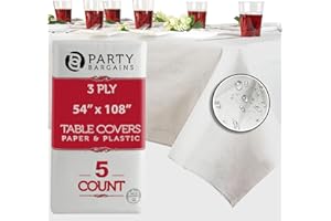 PARTY BARGAINS 5 Disposable Table Covers - 54" X 108", 3 Ply Paper & Plastic White Table Cover