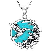 DOLIOX Genuine Turquoise Hummingbird with Flowers Pendant Necklace, Sterling Silver Native American Vintage Gemstone Western Animals Jewelry