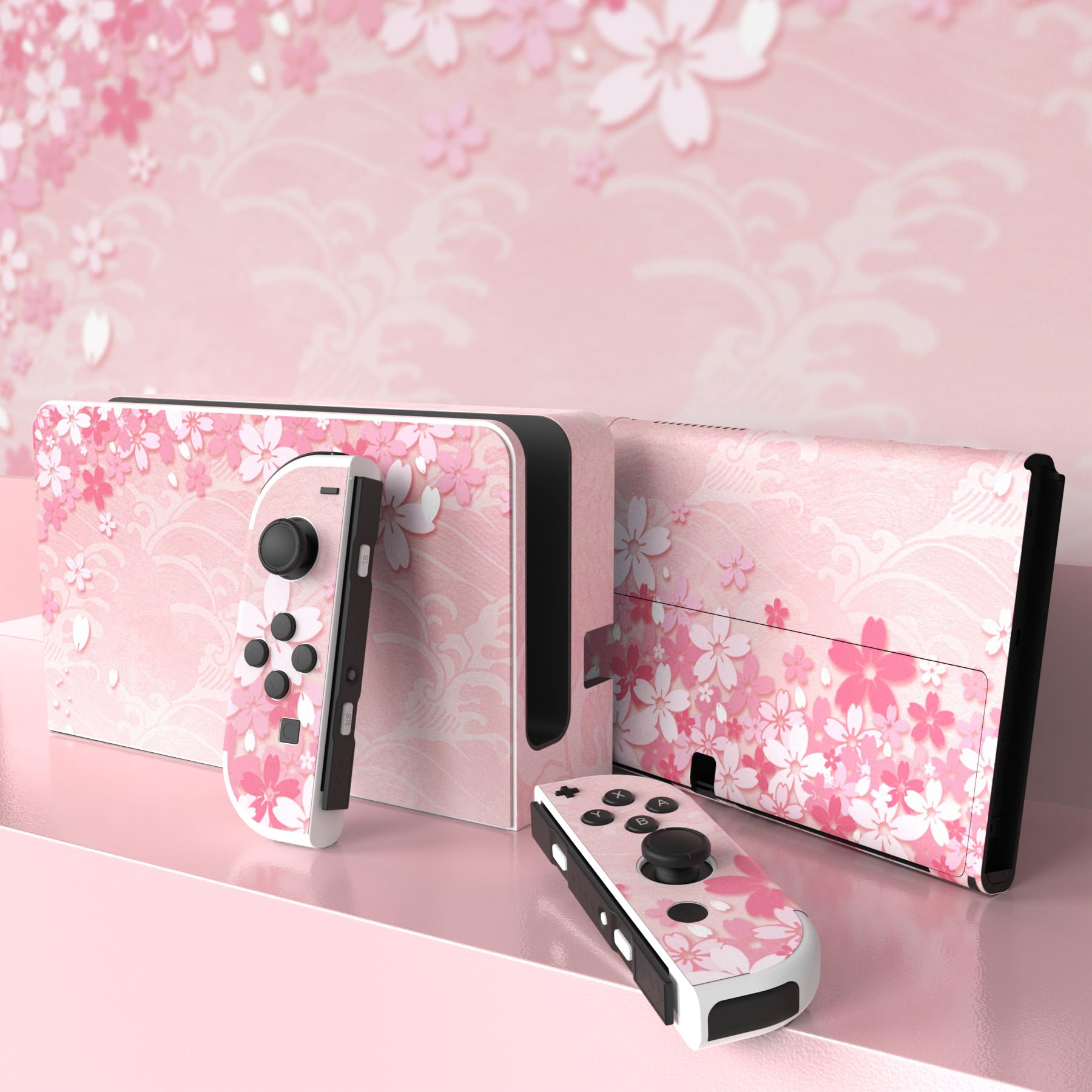 playvital Full Set Protective Stickers for Nintendo Switch OLED Model, Customized Vinyl Decal Skins for Switch OLED Console & Joycon & Dock & Grip - Cherry Blossoms Petals