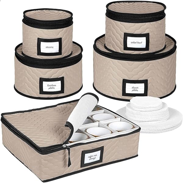CHINA STORAGE CONTAINERS 5-PIECE SET MOVING BOXES FOR DINNERWARE, GLASSES, PLATES, MUGS AND SAUCERS STURDY QUILTED MICROFIBER DISH ORGANIZER WITH DIVIDERS FOR SEASONAL STORAGE – HOLDS SET OF 12, BROWN