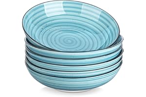 vancasso Bonbon Pasta Bowls Set of 6, 38 Oz Ceramic Salad Bowls, Wide and Shallow Bowls Set, Large Serving Bowls, Blue
