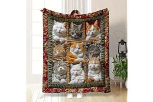 Cat Flannel Blanket Bohemian Style, Polyester Multi-Color Throw, Lightweight Comfort for All Seasons, Sofa Naps, Travel, Bed,