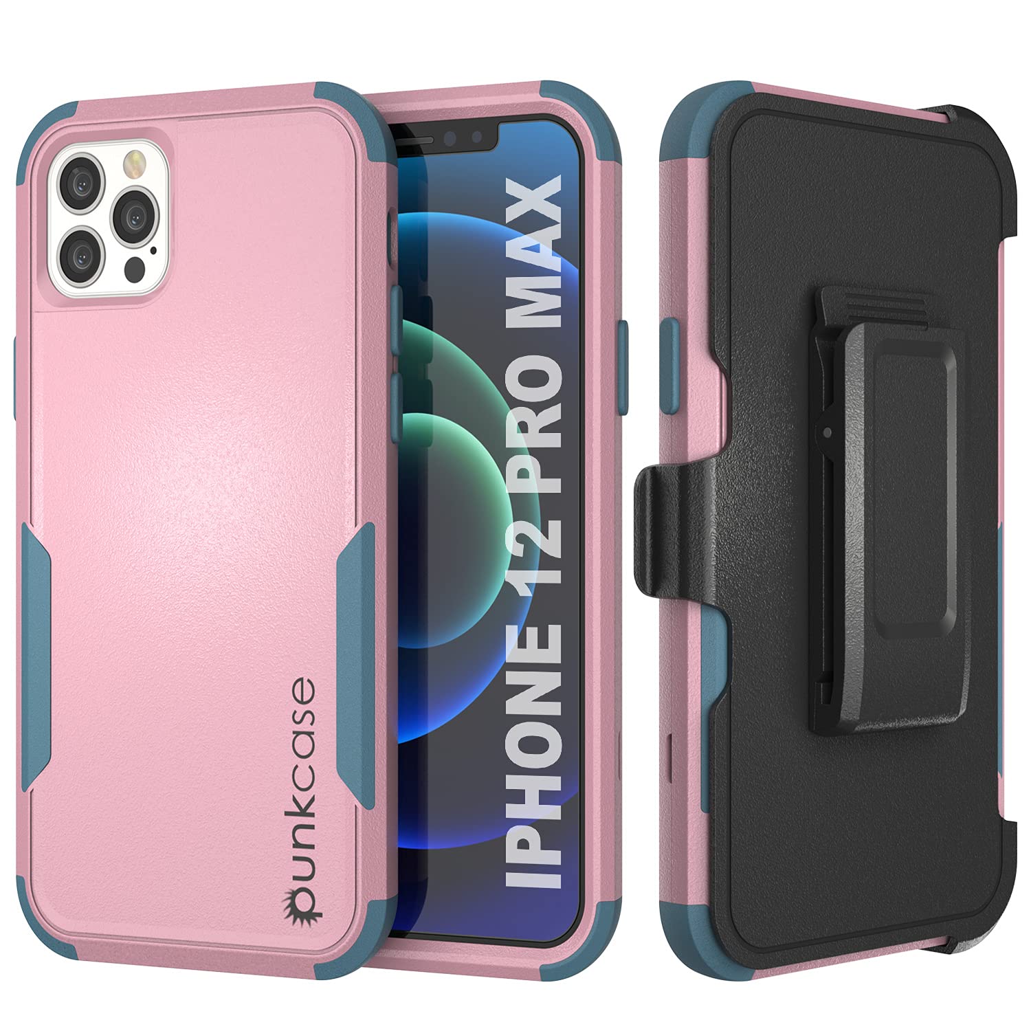 Punkcase 12 Pro Max Belt Clip Holster Case [Patron Series] 4-1 Rugged & Protective Multilayer Phone Cover W/Integrated Kickstand Compatible with iPhone 12 Pro Max (6.7") (2020) [Mint-Pink]