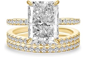 Effinny 4.0ct Radiant Cut Engagement Ring Set,Rectangle Crushed Ice D Color 14K Gold Plated 925 Sterling Silver Bridal Ring Set with Half Eternity Wedding Band