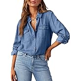 Astylish Women Button Down Denim Shirts Casual Long Sleeve V Neck Chambray Blouse Top