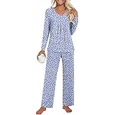Anyhold Womens Fall Pajama Sets 2 Piece Long Sleeve Pjs, Ladies Sleepwear Pleated Outfits Lounge Set with Pockets