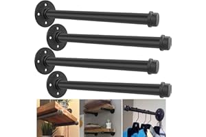 STARVAST Industrial Pipe Shelf Brackets 12 inch - Set of 4, Rustic Floating Shelf Brackets with Iron Fittings, Flanges and Pipes for Vintage Furniture Decor, Wall Mounted DIY Bracket, Garment Rack Hardware