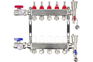 AB 5 Loop PEX/Radiant Manifold, 1/2 in and 3/4 in Compatible Outlets, Up to 1.3 GPM Flow Valve for Hydronic Radiant Floor Hea