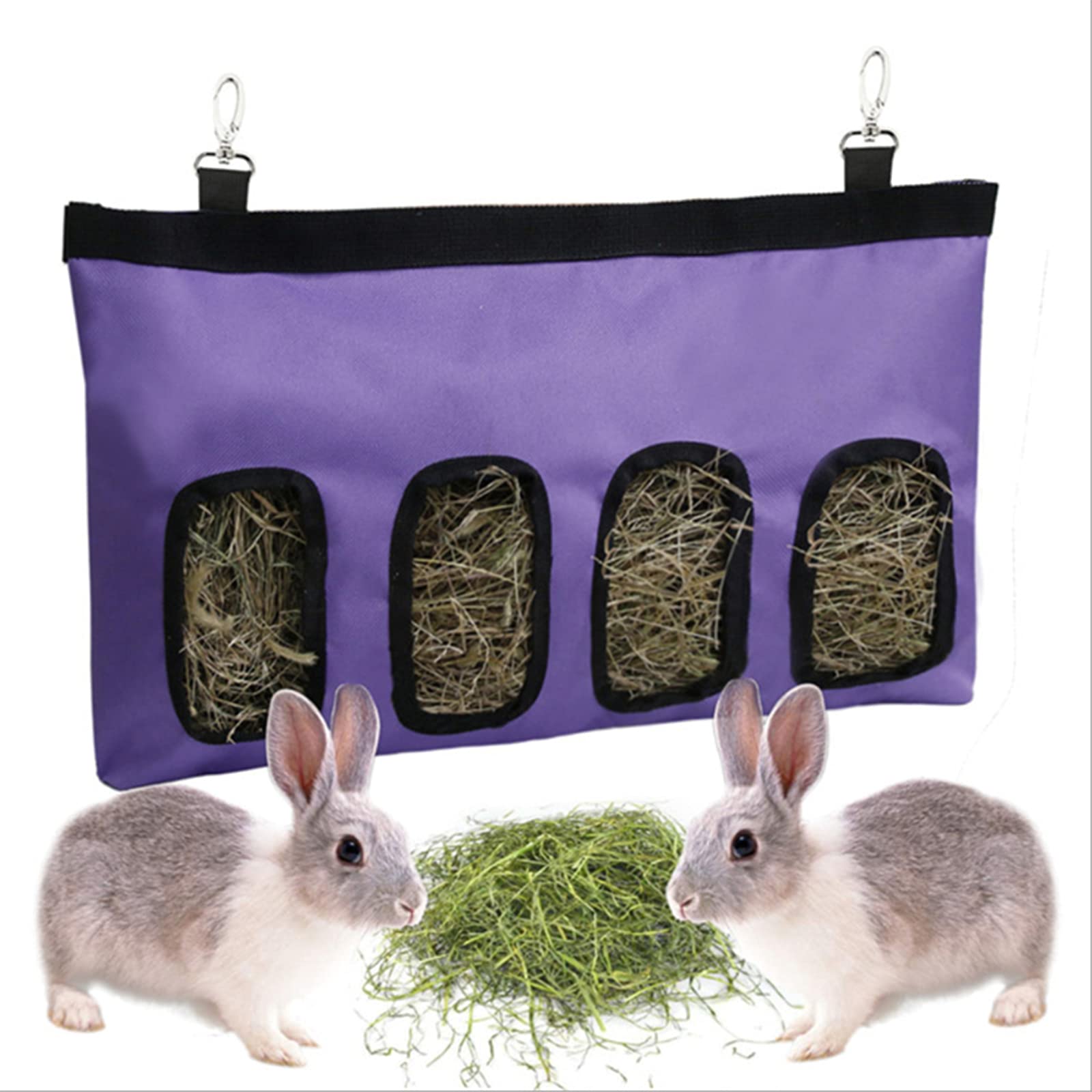 Rabbit Hay Feeder Bag Guinea Pigs Hanging Hay Rack Manger Holder Dispenser Small Animal Feeder Storage Pouch for Bunny Chinchilla Hamster (4 Windows, Purple)