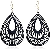 Zszkoz Wood Earrings for Women Handmade Natural Retro Lightweight Teardrop Geometric Hollow Wooden African Dangle Earrings Bohemian Geometric Statement Earrings Ethnic Jewelry Gifts